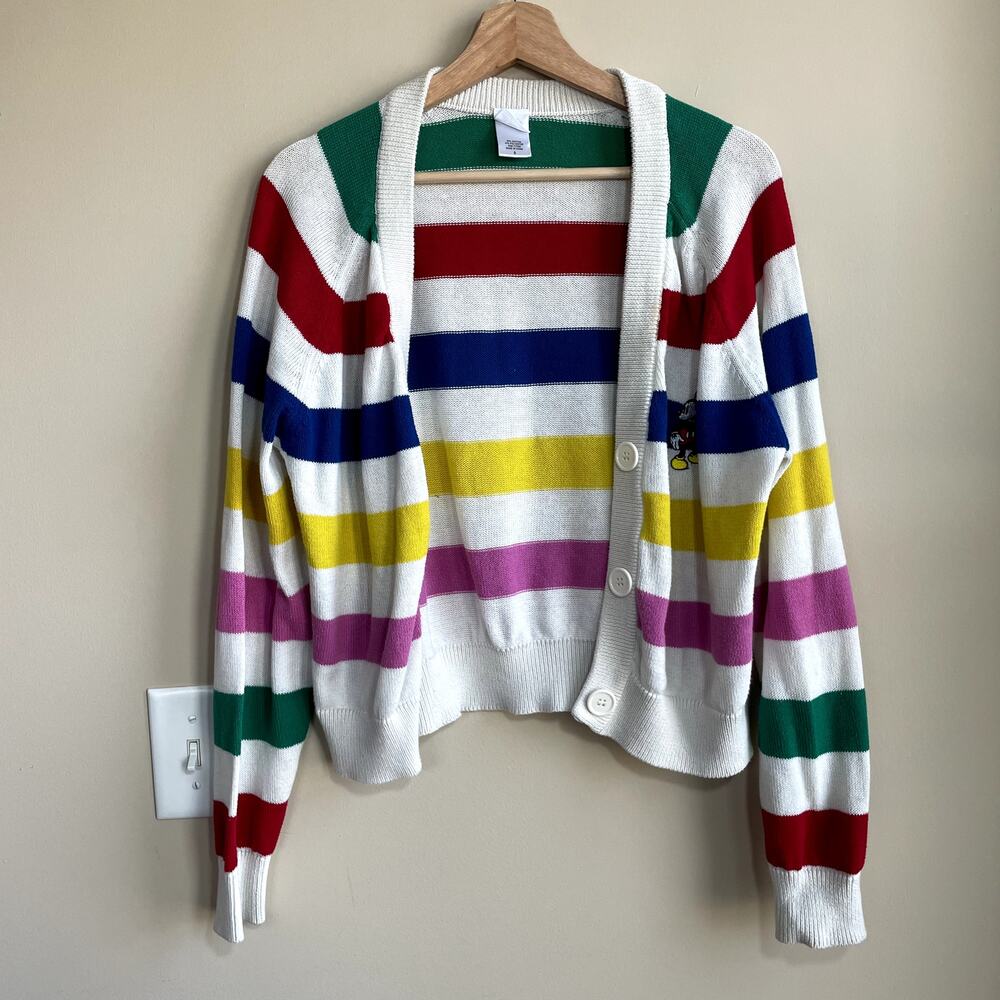 Disney 100th colorful striped cardigan collectors women's S mickey mouse flaws